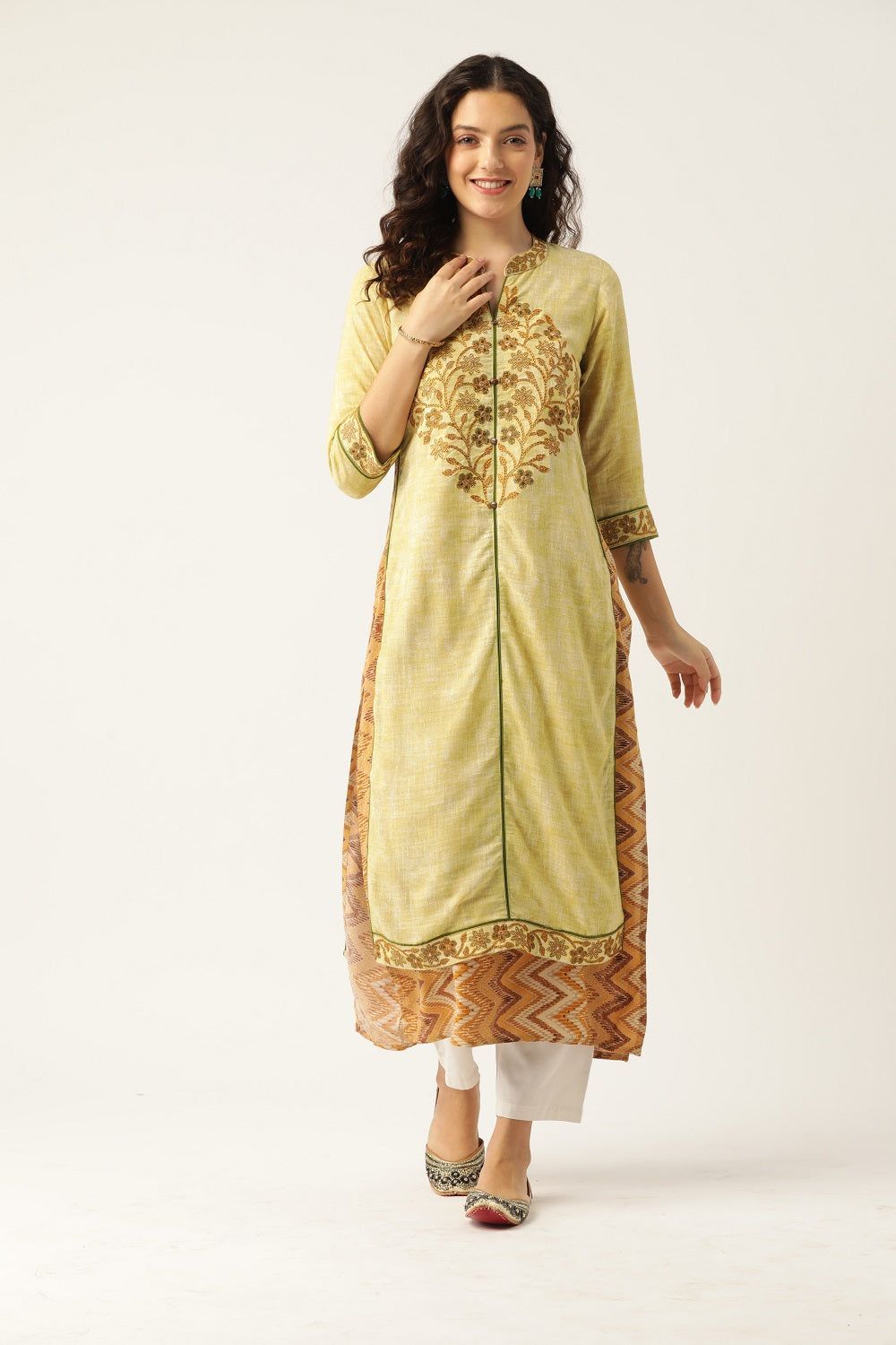 Women Yellow Embroidered Double Layered A-Line Kurta