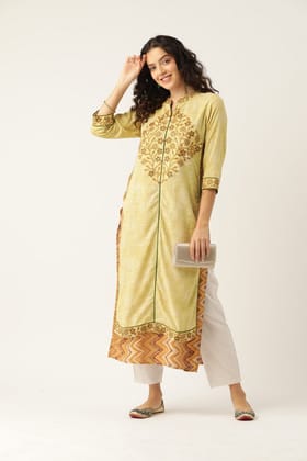 Women Yellow Embroidered Double Layered A-Line Kurta Women Yellow Embroidered Double Layered A-Line Kurta