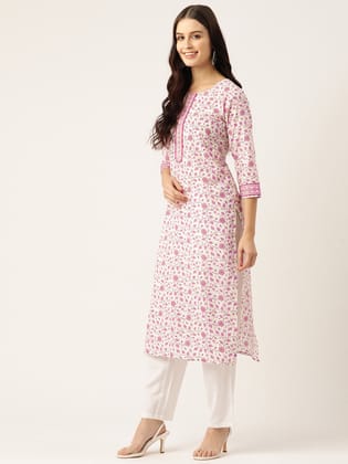 Women White & Pink Floral Printed A-Line Kurta