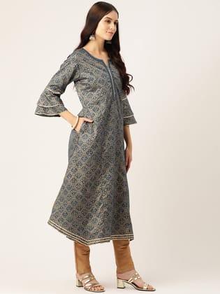 Women Navy Blue and Gold-Toned Floral&nbsp;Printed Kurta