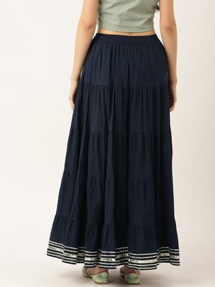 Women Navy Blue Solid Tiered Cotton Gotta Patti Maxi Skirt Women Navy Blue Solid Tiered Cotton Gotta Patti Maxi Skirt