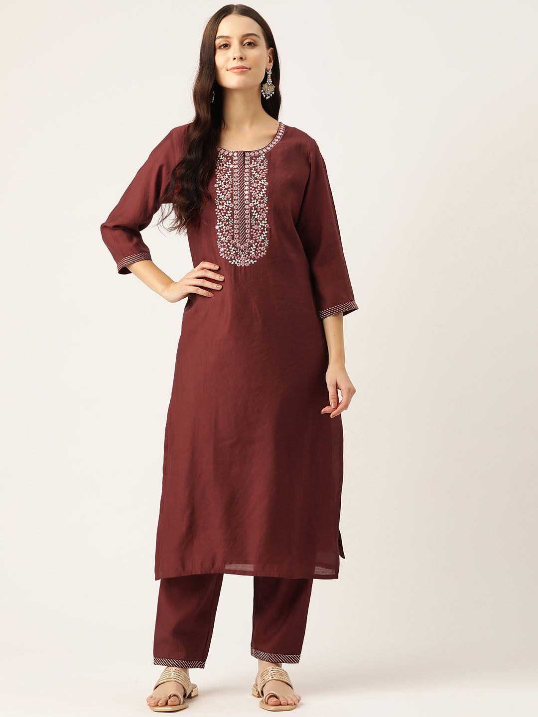 Floral Embroidered Regular Mirror Work Pure Cotton Kurta with Trousers