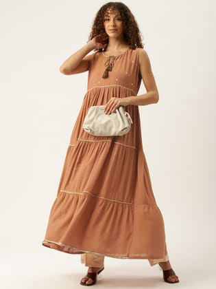 Embroidered Tie-Up Neck Tiered Kurta