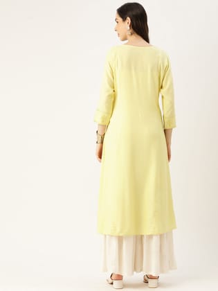 Women Floral Yoke Design Mirror Work Kurta