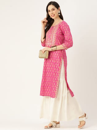 Women Ethnic Motifs Printed Mirror Work Cotton Kurta