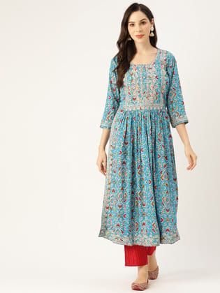 Women Floral Yoke Design Mirror Work Cotton Kurta