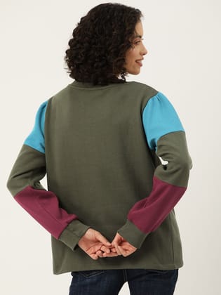 Olive Green Colourblocked Longline Fleece Sweatshirt