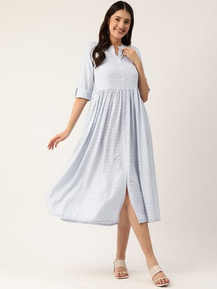 Print Mandarin Collar A-Line Midi Dress