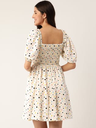 Print Puff Sleeve Crepe Smocked Fit & Flare Dress
