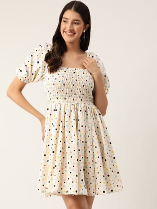 Print Puff Sleeve Crepe Smocked Fit & Flare Dress