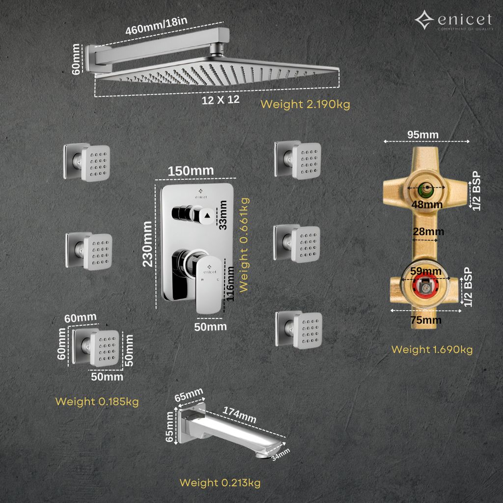 Enicet Body Jet DIverter Full Set, 12 Inch Overhead Shower, Diverter Combo, Hot And Cold Water Mixer