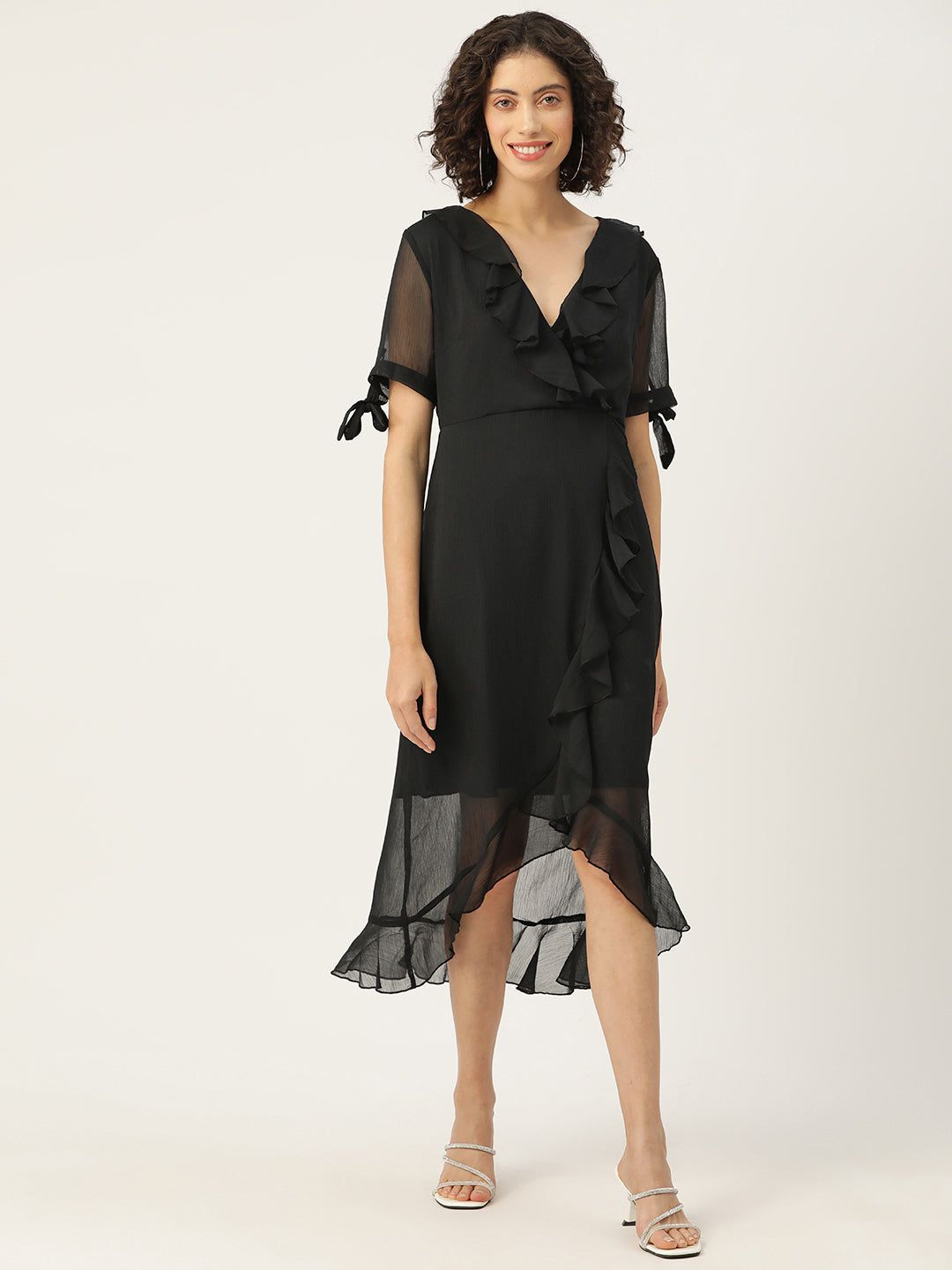 Solid Puff Sleeve Ruffled Chiffon A-Line Midi Dress