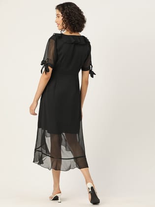 Solid Puff Sleeve Ruffled Chiffon A-Line Midi Dress
