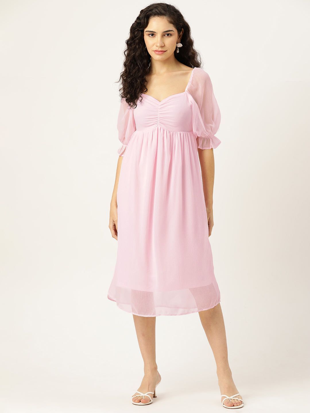 Rue Collection Puff Sleeves Sweetheart Neck Chiffon Fit & Flare Midi Dress