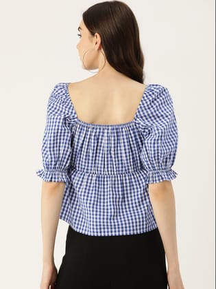 Checked Sweetheart Neck Puff Sleeve Cotton Top