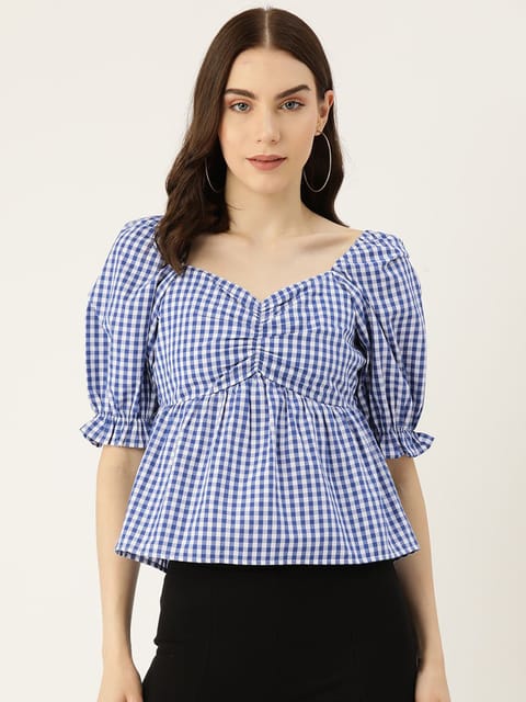 Checked Sweetheart Neck Puff Sleeve Cotton Top