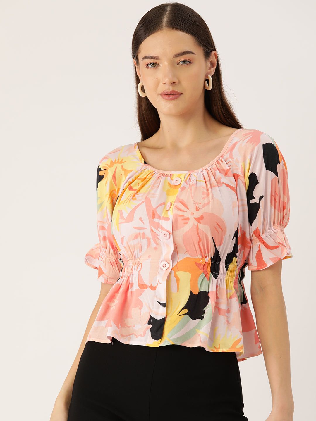 Floral Print Puff Sleeves Peplum Top