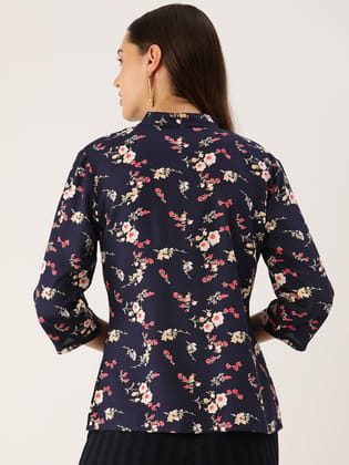 Floral Print Mandarin Collar Shirt Style Top