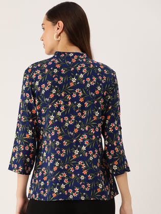 Floral Print Mandarin Collar Shirt Style Top