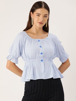 Polka Dots Print Puff Sleeves Peplum Top