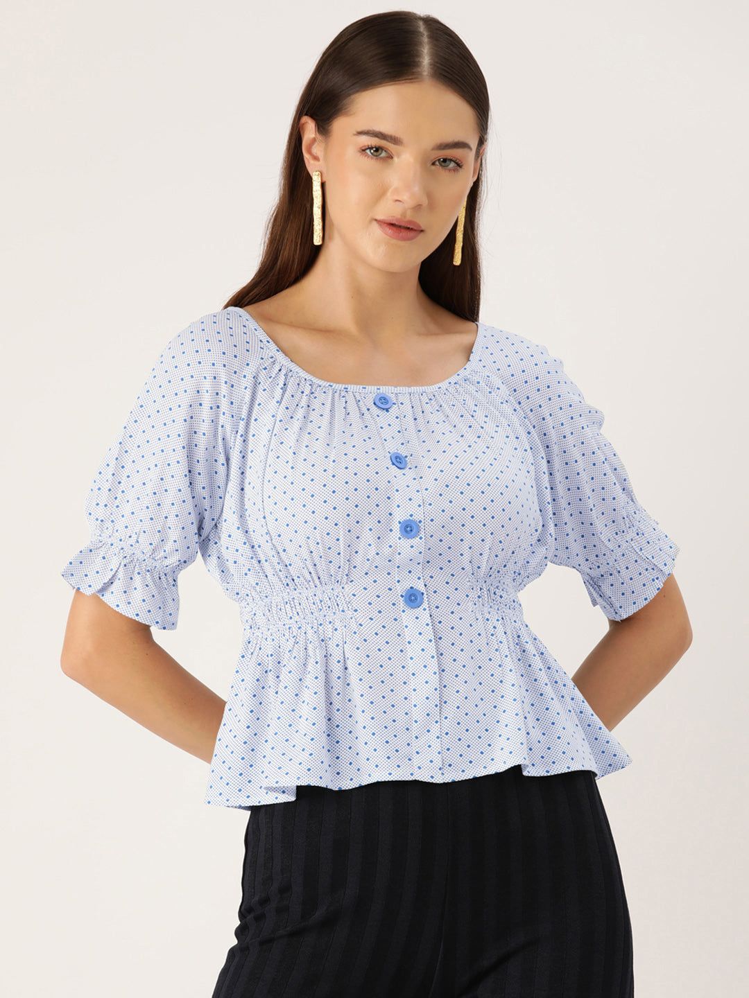 Polka Dots Print Puff Sleeves Peplum Top