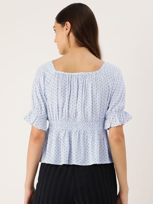 Polka Dots Print Puff Sleeves Peplum Top