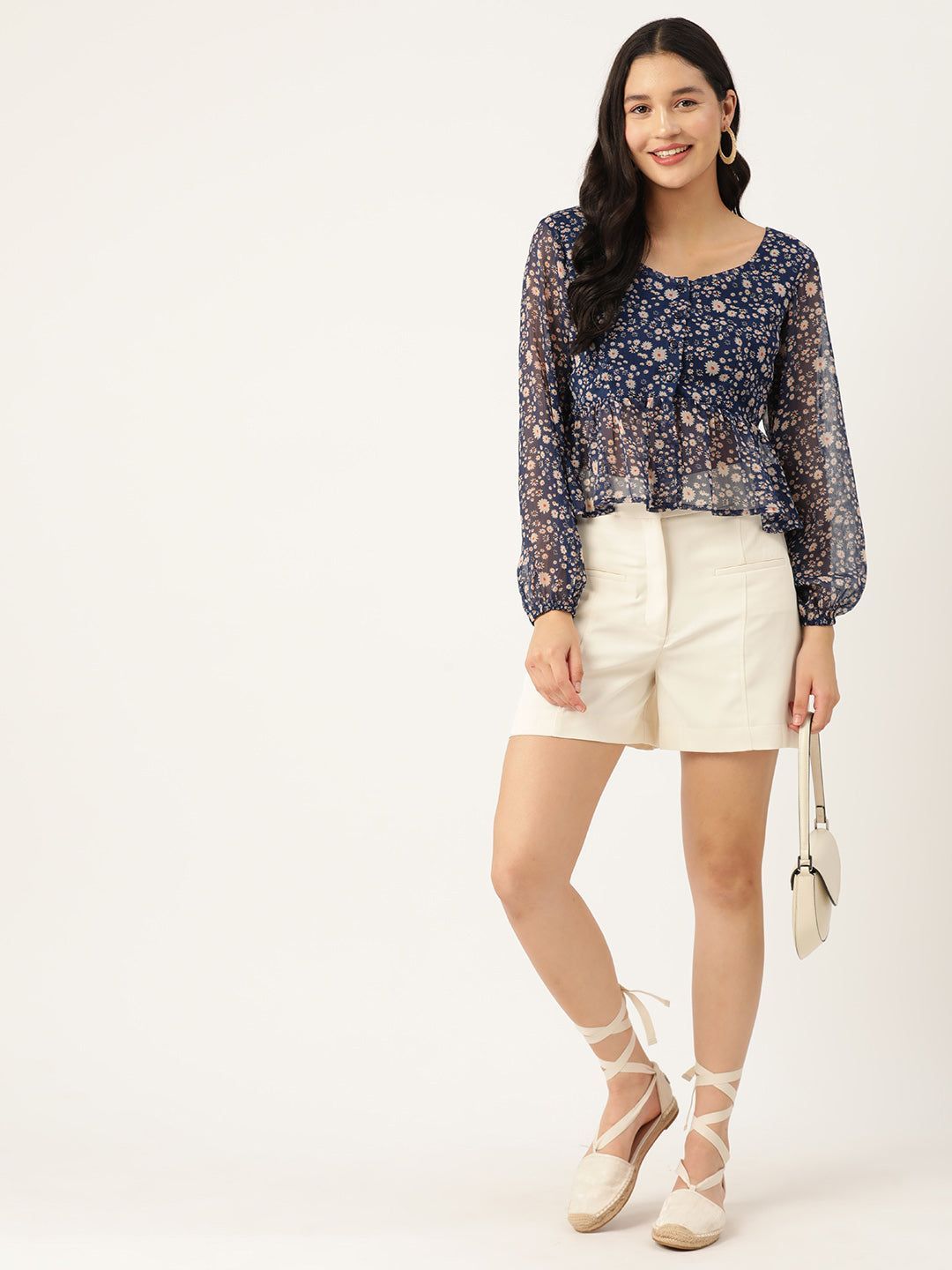 Floral Print Sweetheart Neck Puff Sleeve Chiffon Peplum Top