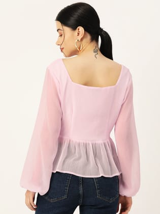 Pink Solid Puff Sleeve Peplum Top