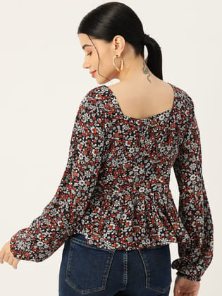Floral Print Puff Sleeve Peplum Top