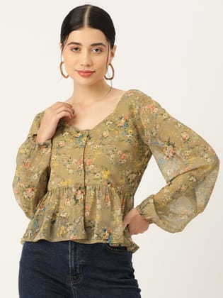 Floral Print Puff Sleeve Peplum Top
