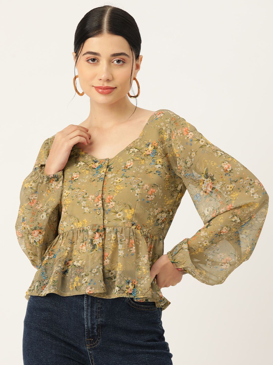 Floral Print Puff Sleeve Peplum Top