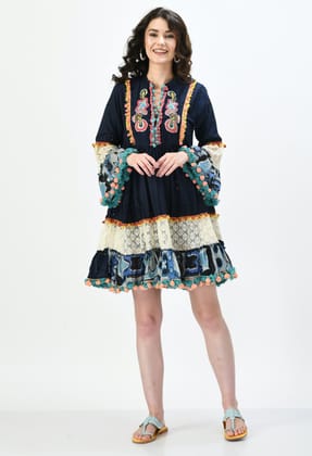 Navy Boho Embroidered Cutwork Dress