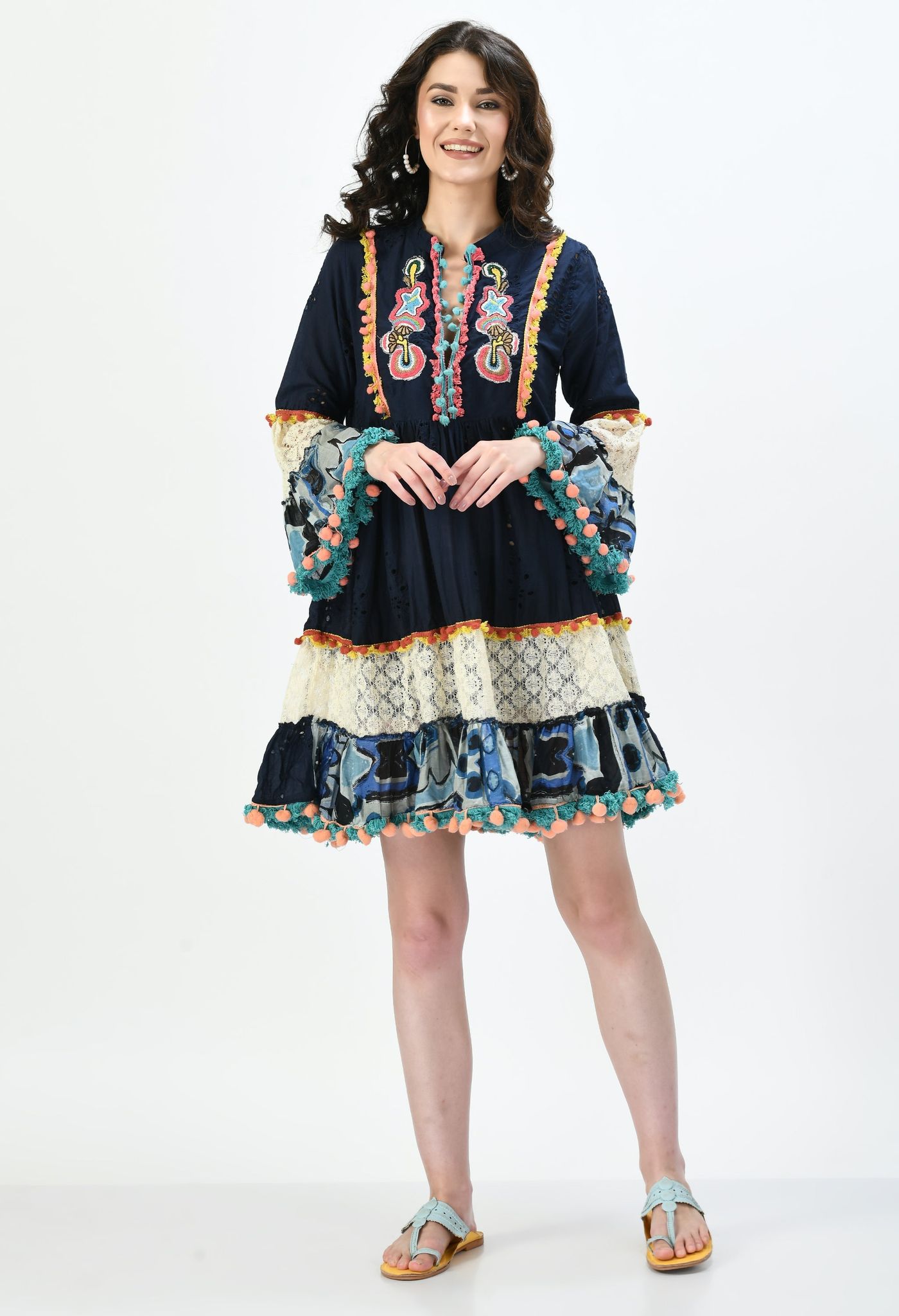 Navy Boho Embroidered Cutwork Dress