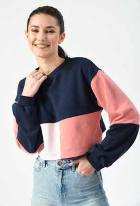 Pink/Navy Color-Blocked Cropped Sweatshirt