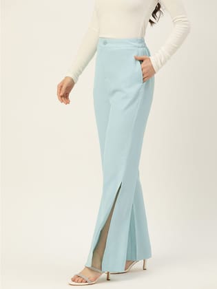 Women Turquoise Blue Relaxed Loose Fit High-Rise Trousers Women Turquoise Blue Relaxed Loose Fit High-Rise Trousers