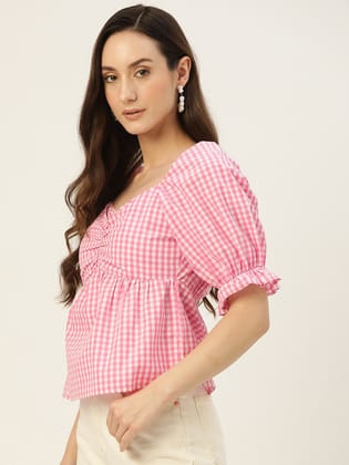 Rue Collection Pink & White Checked Sweetheart Neck Blouson Top