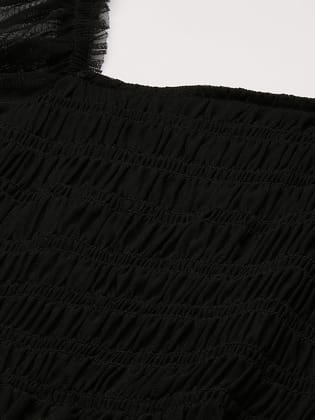 Black Smocked Net Fitted Crop Top