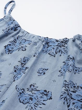 Blue Floral A-Line Pure Cotton Dress