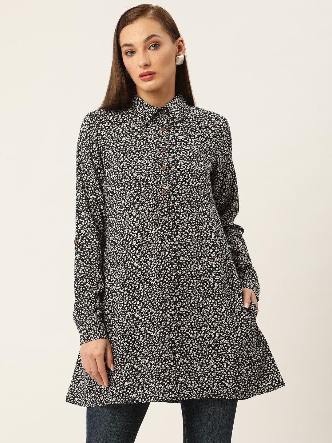 Black Floral Print Shirt Style Top