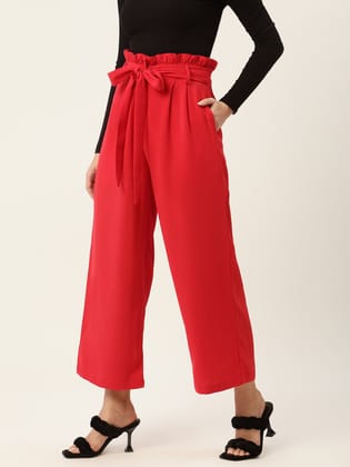 Women Red Comfort Fit Pleated Trousers with Belt Women Red Comfort Fit Pleated Trousers with Belt