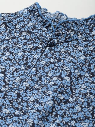 Black & Blue Floral Print Mandarin Collar Shirt Style Crop Top