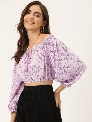 Lavender & White Floral Print Off-Shoulder Blouson Crop Top