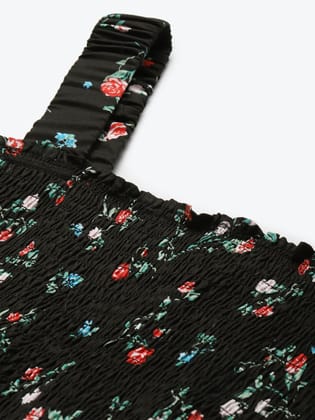 Black Ditsy Floral Smocked Detail Maxi Dress