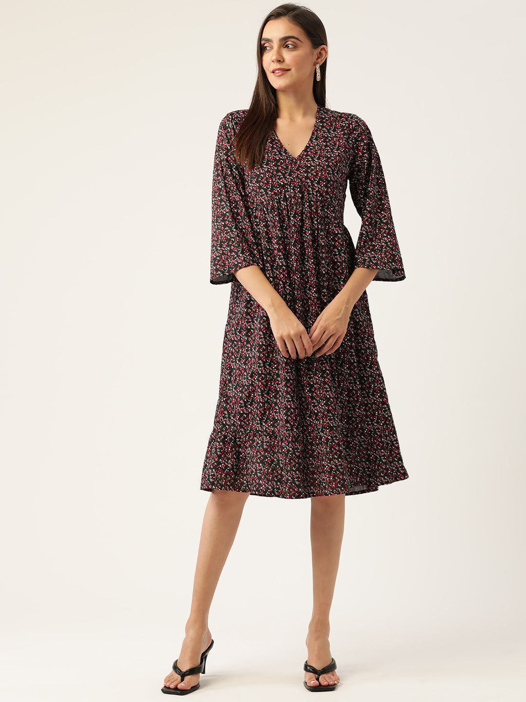 Black & Red Floral Print A-Line Dress