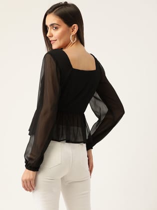 Black Solid Semi Sheer Peplum Top