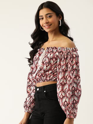 White & Black Printed Off-Shoulder Blouson Crop Top