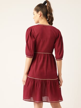 Women Maroon Cotton Crinkled Effect Solid Tiered Wrap Dress Women Maroon Cotton Crinkled Effect Solid Tiered Wrap Dress
