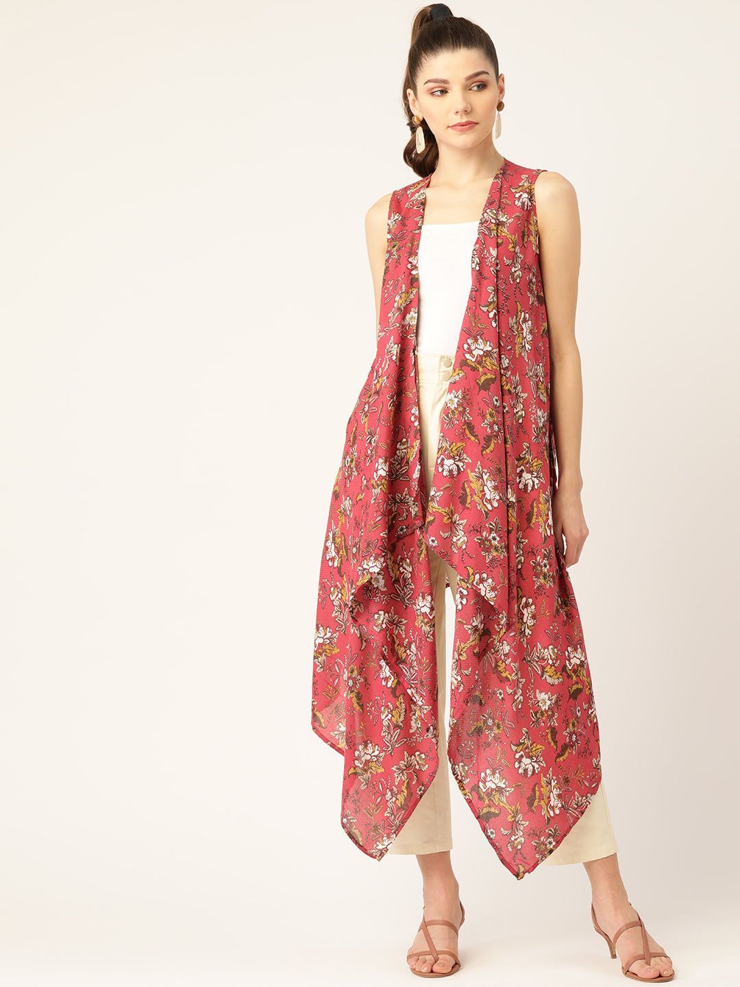 Women Coral Pink & Off-White Floral Print Open Front Longline Shrug