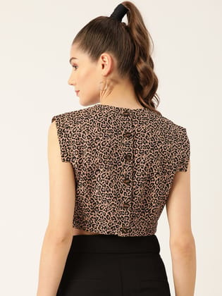 Women Beige & Black Animal Printed Pure Cotton Crop Top Women Beige & Black Animal Printed Pure Cotton Crop Top