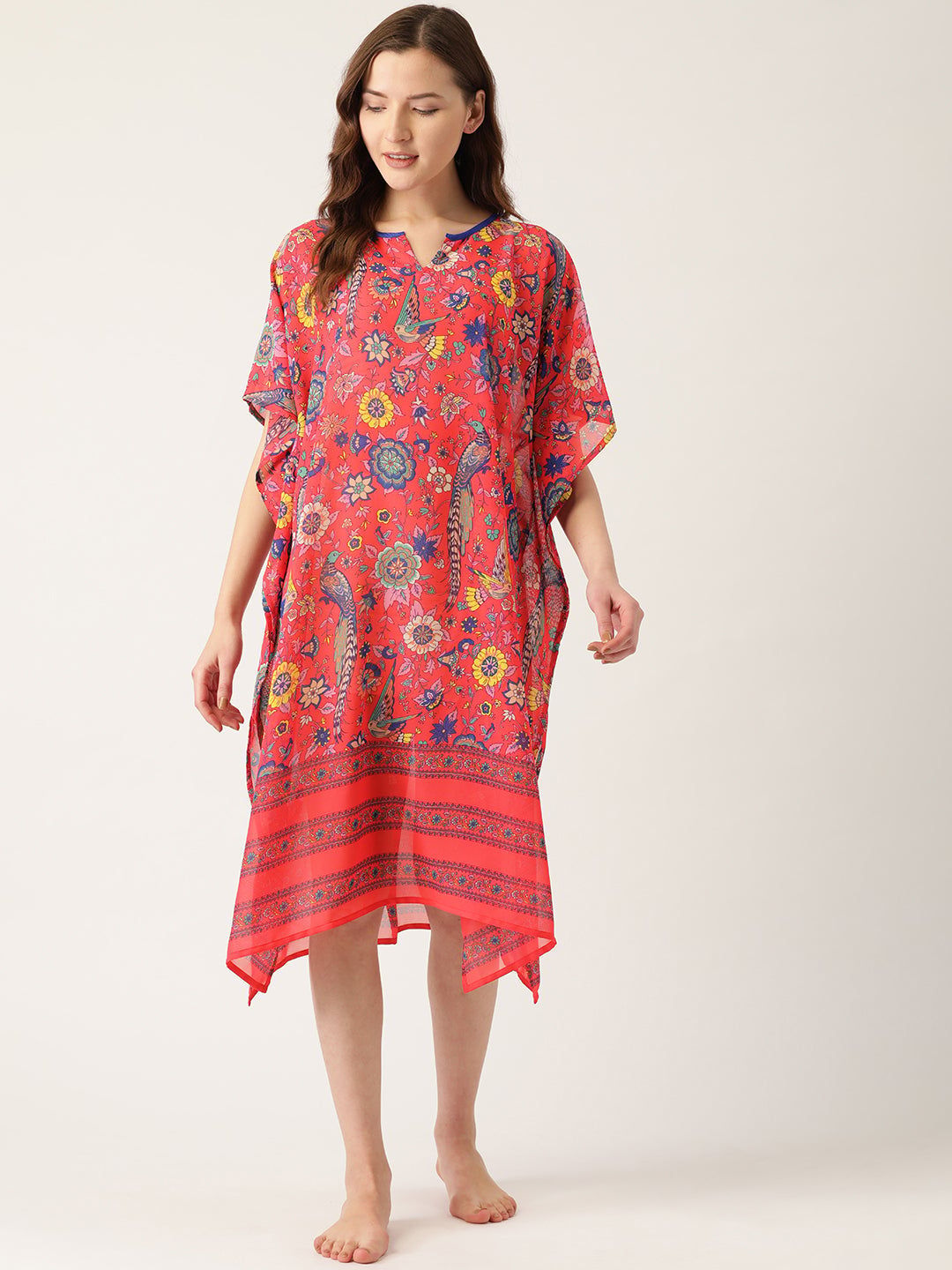Women Coral Red & Blue Printed Cover-Up Kaftan Dress